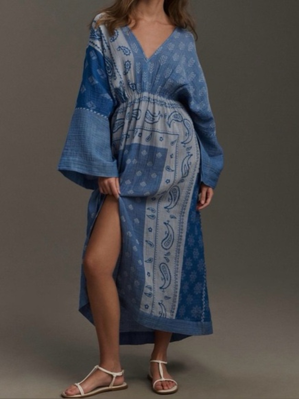 Anthropologie Blue Cotton Dolman Long Sleeve Guaze Maxi Dress